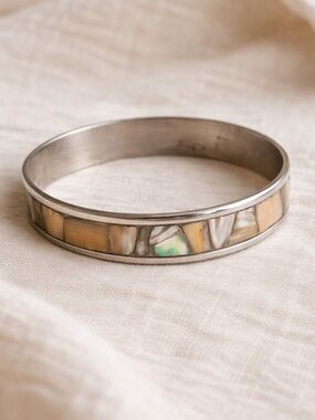 925 Sterling Inlay MOP Shell Bangle Bracelet - Cream and Iridescent